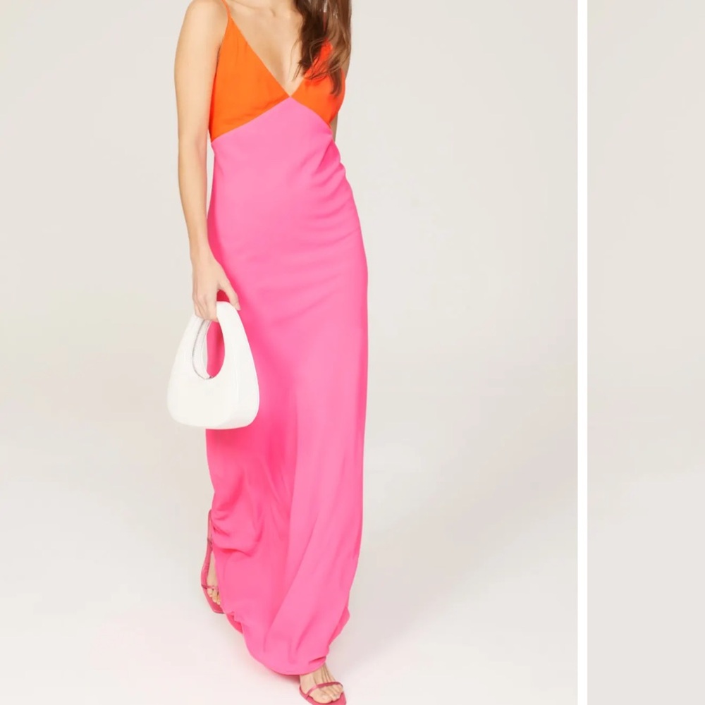 LE SUPERBE rent the runway orange pink color block maxi dress 8 duality gown